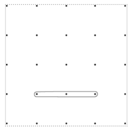 A 5x5 geoboard. A rubber band has been stretched around 3 of the pegs to form a long slender oval. If the lower left peg of the geoboard is designated (0,0), the band is stretched around the pegs at (1,1) and (3,1).