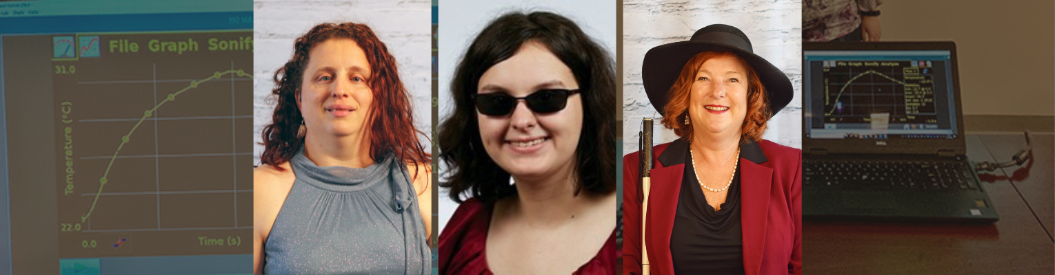 Collage of three blind women portraits, background of chemistry presentation of a graph on a laptop