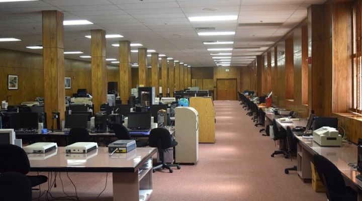 Long hallway in the IBTC showing technology on either side.